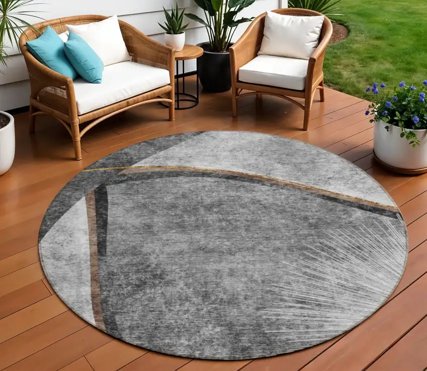 8' Gray Chocolate And Silver Round Abstract Washable Indoor Outdoor Area Rug Photo 1