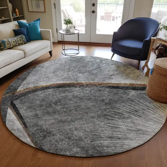 8' Gray Chocolate And Silver Round Abstract Washable Indoor Outdoor Area Rug Photo 7