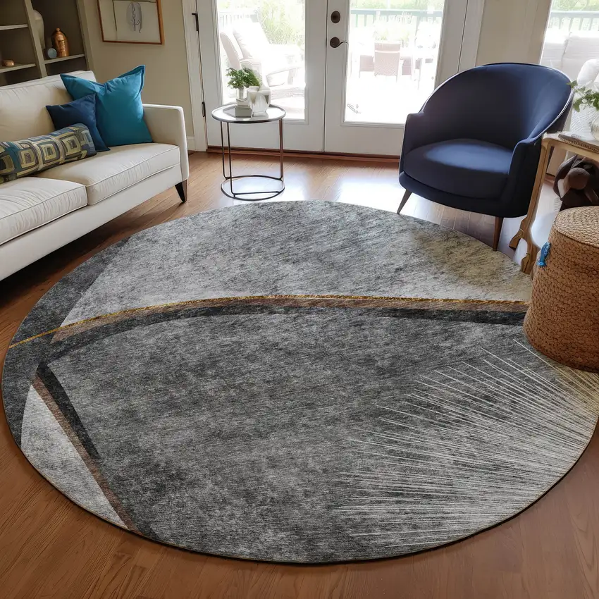 8' Gray Chocolate And Silver Round Abstract Washable Indoor Outdoor Area Rug Photo 7