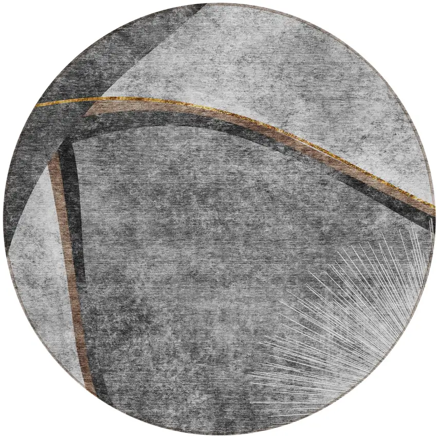 8' Gray Chocolate And Silver Round Abstract Washable Indoor Outdoor Area Rug Photo 1