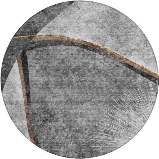 8' Gray Chocolate And Silver Round Abstract Washable Indoor Outdoor Area Rug Photo 1