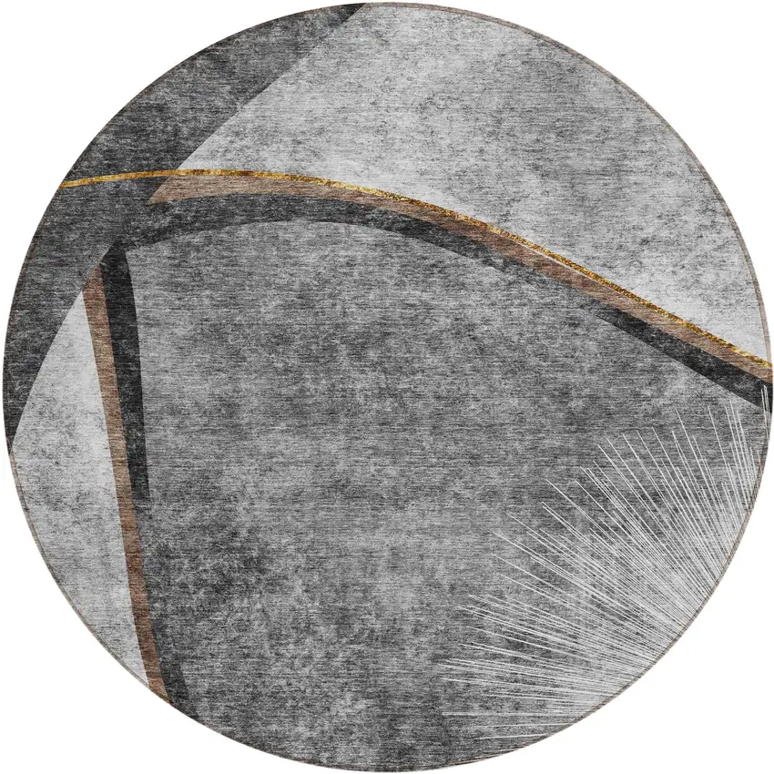 8' Gray Chocolate And Silver Round Abstract Washable Indoor Outdoor Area Rug Photo 1