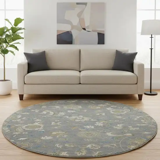 8' Gray Copper And Blue Floral Washable Round Rug With UV Protection Photo 2