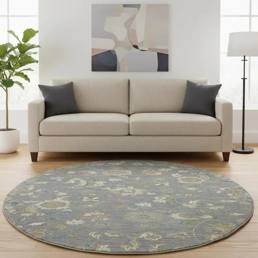 8' Gray Copper And Blue Floral Washable Round Rug With UV Protection Photo 2