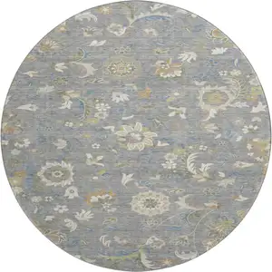 Photo of 8' Gray Copper And Blue Floral Washable Round Rug With UV Protection