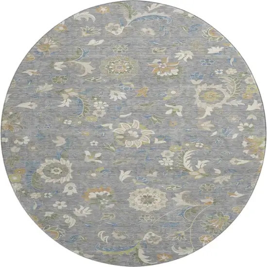 8' Gray Copper And Blue Floral Washable Round Rug With UV Protection Photo 1