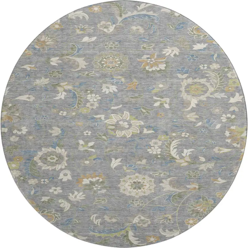 8' Gray Copper And Blue Floral Washable Round Rug With UV Protection Photo 1
