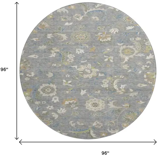8' Gray Copper And Blue Floral Washable Round Rug With UV Protection Photo 9