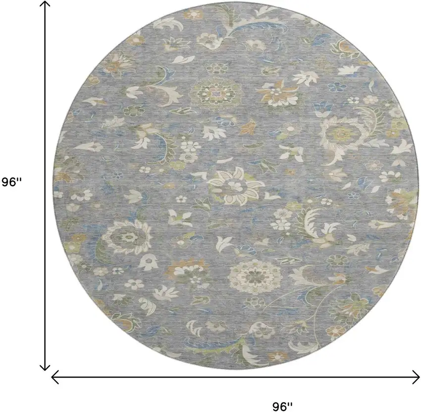 8' Gray Copper And Blue Floral Washable Round Rug With UV Protection Photo 9