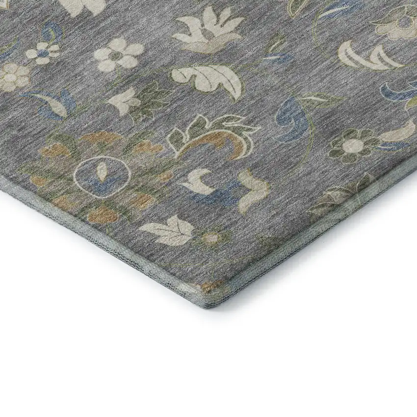 8' Gray Copper And Blue Floral Washable Round Rug With UV Protection Photo 6