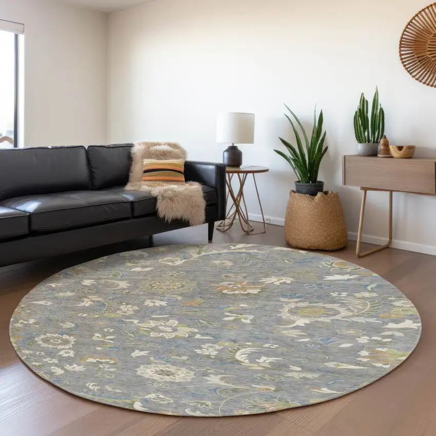 8' Gray Copper And Blue Floral Washable Round Rug With UV Protection Photo 4