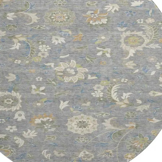 8' Gray Copper And Blue Floral Washable Round Rug With UV Protection Photo 2