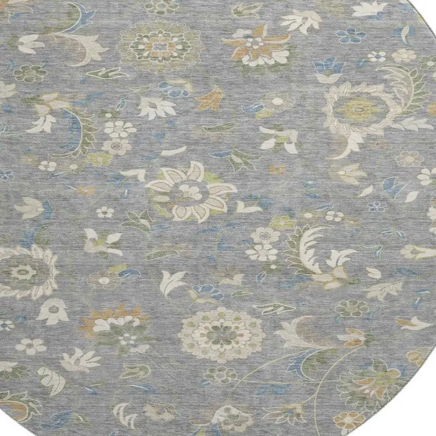 8' Gray Copper And Blue Floral Washable Round Rug With UV Protection Photo 2