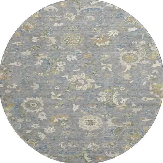 8' Gray Copper And Blue Floral Washable Round Rug With UV Protection Photo 3