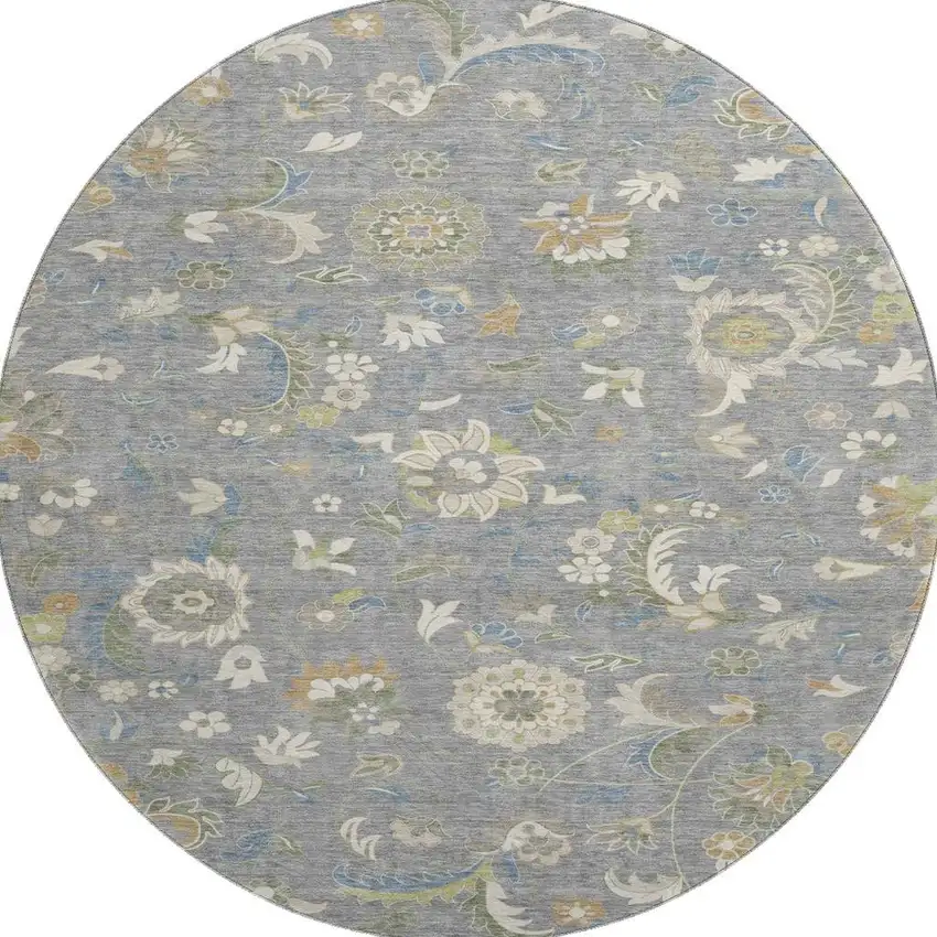 8' Gray Copper And Blue Floral Washable Round Rug With UV Protection Photo 3