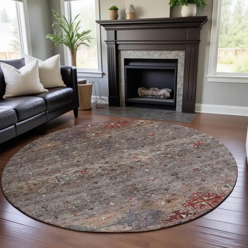 8' Gray Copper And Blue Tribal Washable Round Rug With UV Protection Photo 4
