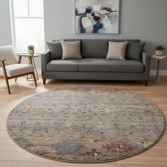 8' Gray Copper And Blue Tribal Washable Round Rug With UV Protection Photo 2