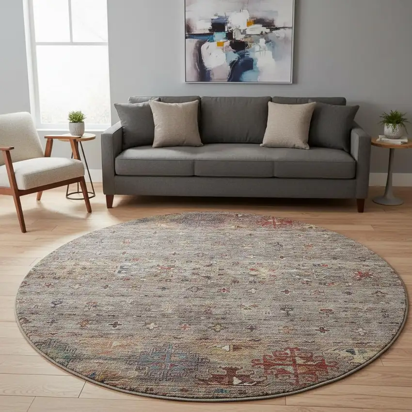 8' Gray Copper And Blue Tribal Washable Round Rug With UV Protection Photo 2