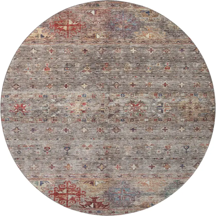 8' Gray Copper And Blue Tribal Washable Round Rug With UV Protection Photo 3