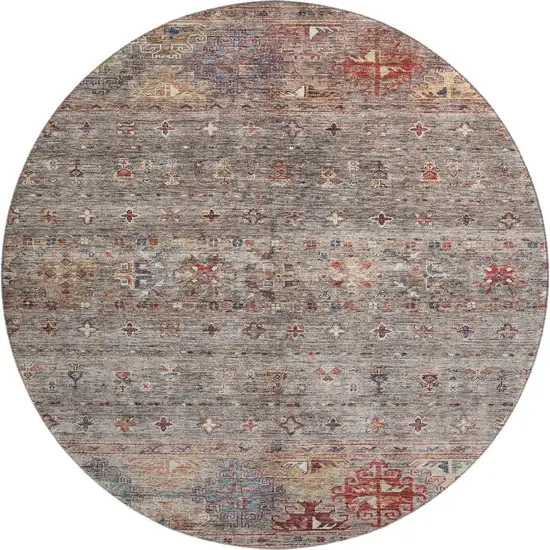 8' Gray Copper And Blue Tribal Washable Round Rug With UV Protection Photo 1