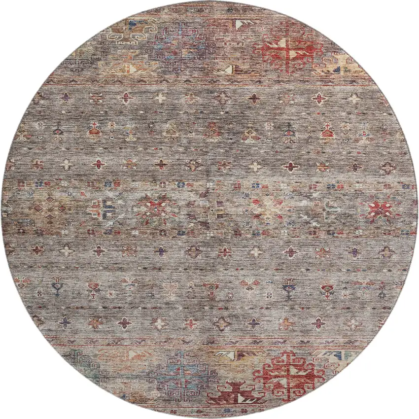 8' Gray Copper And Blue Tribal Washable Round Rug With UV Protection Photo 1
