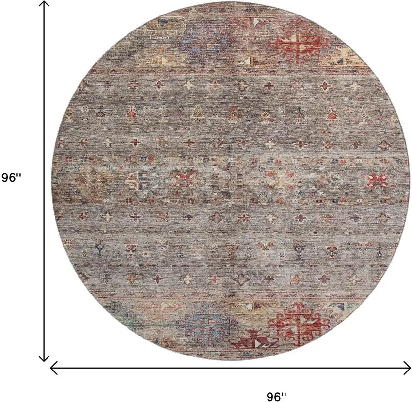 8' Gray Copper And Blue Tribal Washable Round Rug With UV Protection Photo 9