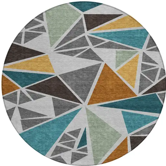 8' Gray Copper And Brown Round Geometric Washable Indoor Outdoor Area Rug Photo 6