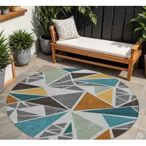 Photo of 8' Gray Copper And Brown Round Geometric Washable Indoor Outdoor Area Rug