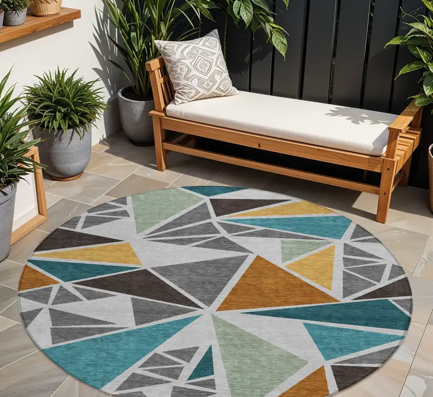 8' Gray Copper And Brown Round Geometric Washable Indoor Outdoor Area Rug Photo 1