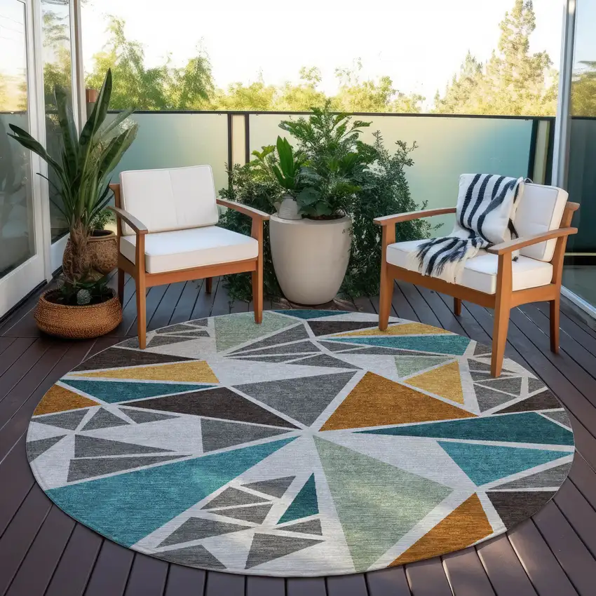 8' Gray Copper And Brown Round Geometric Washable Indoor Outdoor Area Rug Photo 7