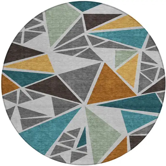 8' Gray Copper And Brown Round Geometric Washable Indoor Outdoor Area Rug Photo 2