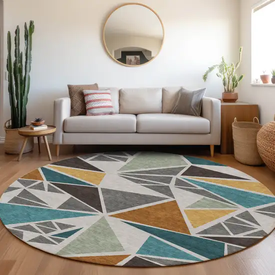 8' Gray Copper And Brown Round Geometric Washable Indoor Outdoor Area Rug Photo 8