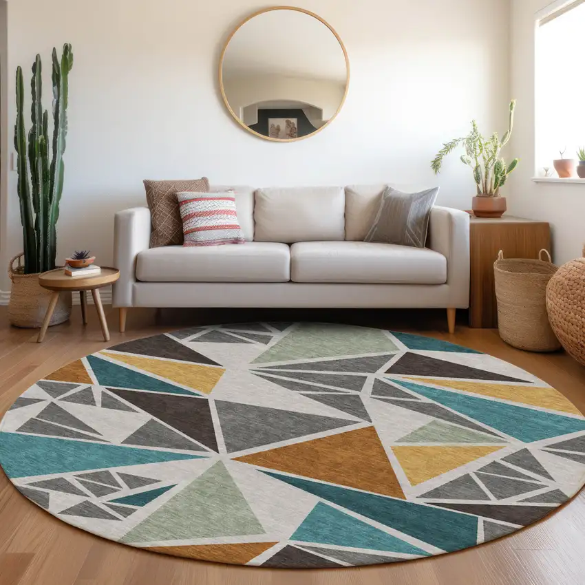 8' Gray Copper And Brown Round Geometric Washable Indoor Outdoor Area Rug Photo 8