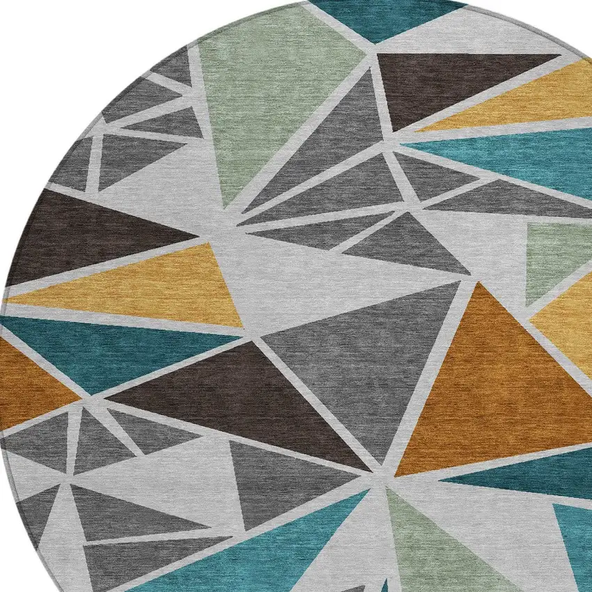 8' Gray Copper And Brown Round Geometric Washable Indoor Outdoor Area Rug Photo 4