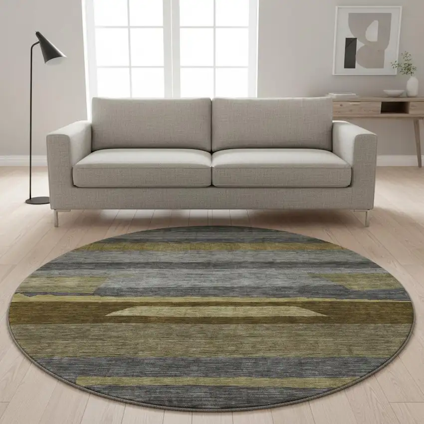 8' Gray Copper And Brown Striped Washable Round Rug With UV Protection Photo 2