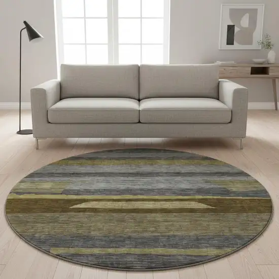 8' Gray Copper And Brown Striped Washable Round Rug With UV Protection Photo 2