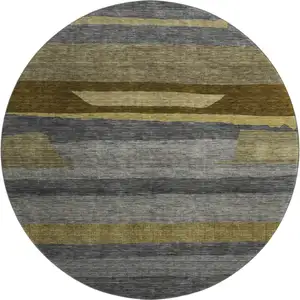 Photo of 8' Gray Copper And Brown Striped Washable Round Rug With UV Protection