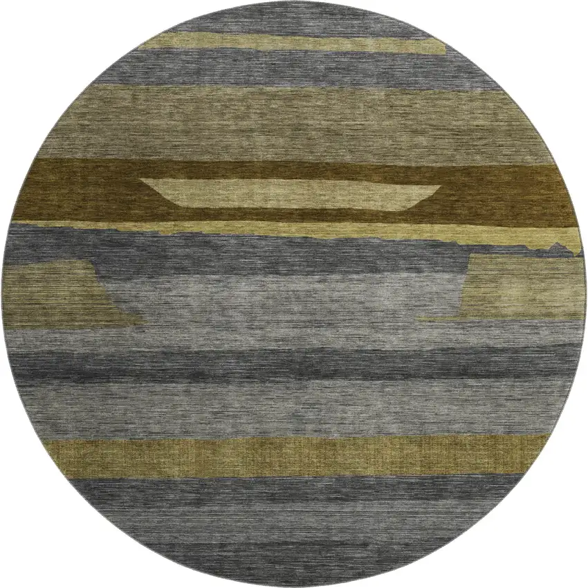8' Gray Copper And Brown Striped Washable Round Rug With UV Protection Photo 1