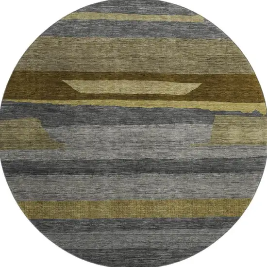 8' Gray Copper And Brown Striped Washable Round Rug With UV Protection Photo 3