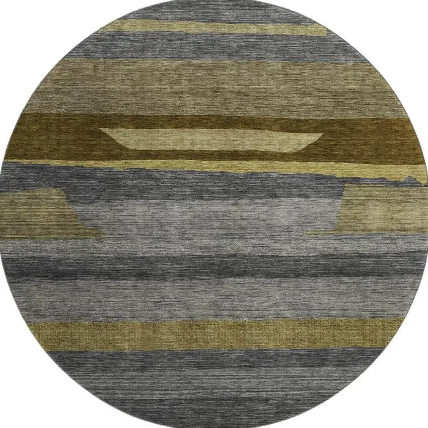 8' Gray Copper And Brown Striped Washable Round Rug With UV Protection Photo 3