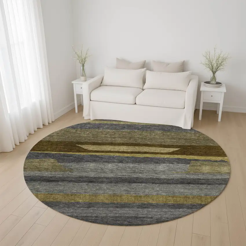 8' Gray Copper And Brown Striped Washable Round Rug With UV Protection Photo 4