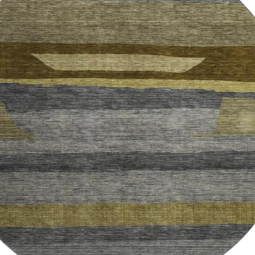 8' Gray Copper And Brown Striped Washable Round Rug With UV Protection Photo 2