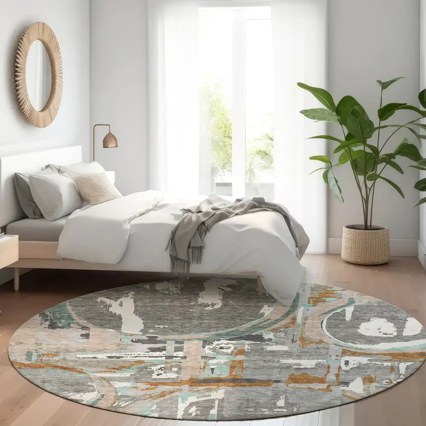 8' Gray Copper And Ivory Geometric Washable Round Rug With UV Protection Photo 5