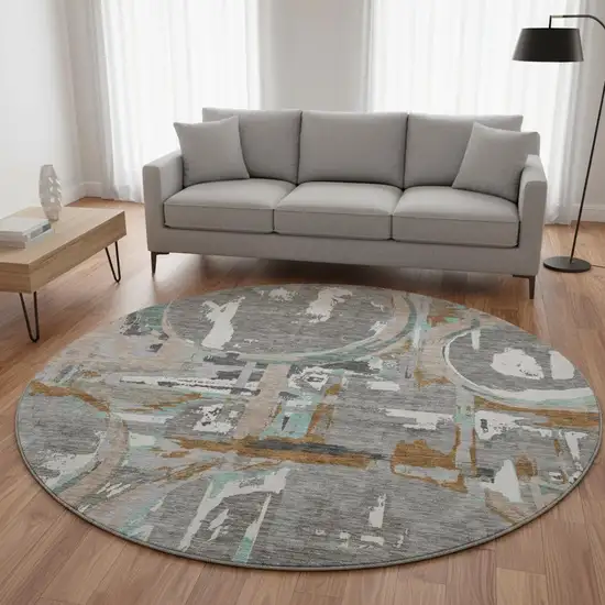 8' Gray Copper And Ivory Geometric Washable Round Rug With UV Protection Photo 2