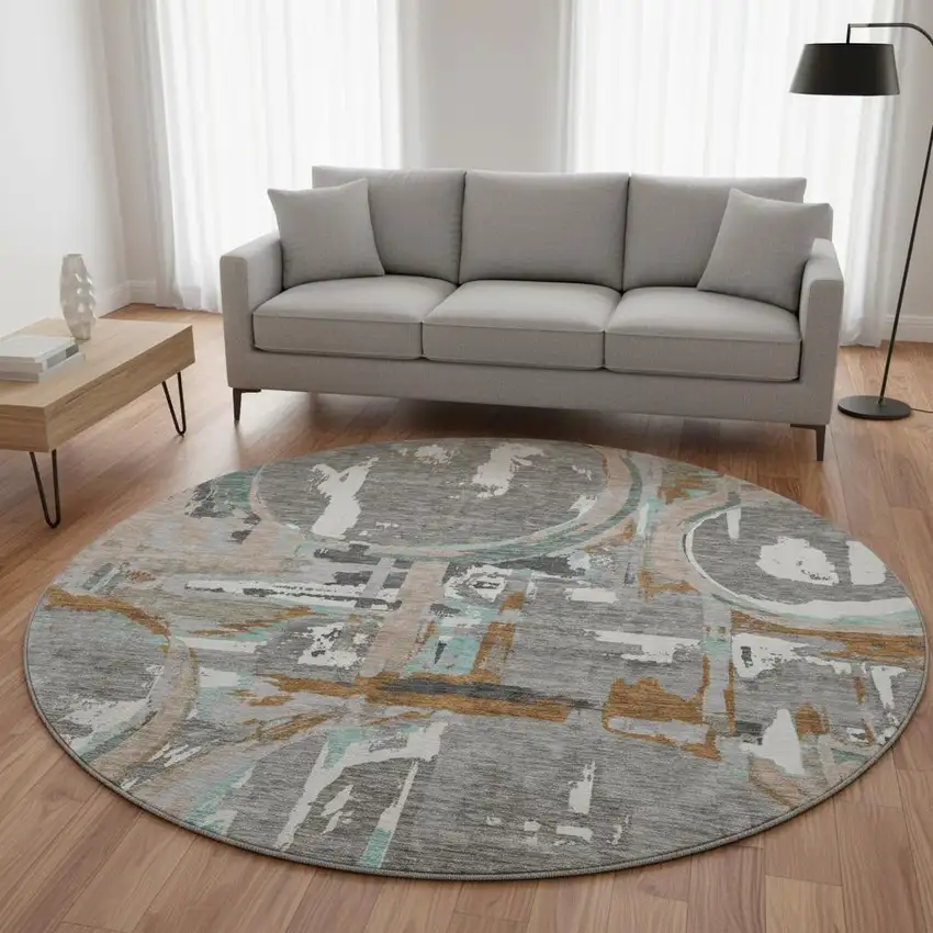 8' Gray Copper And Ivory Geometric Washable Round Rug With UV Protection Photo 2