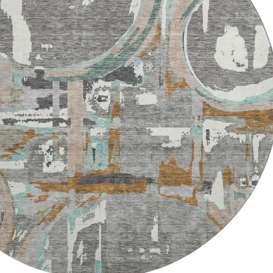 8' Gray Copper And Ivory Geometric Washable Round Rug With UV Protection Photo 3