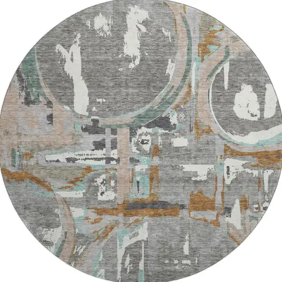 8' Gray Copper And Ivory Geometric Washable Round Rug With UV Protection Photo 4