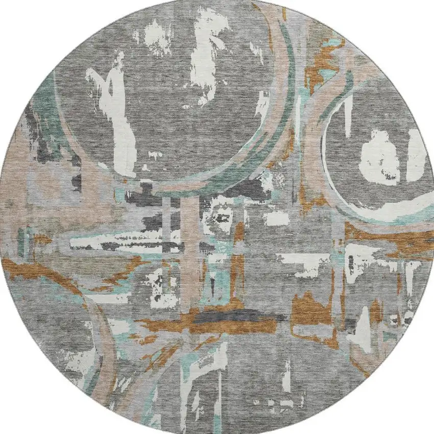 8' Gray Copper And Ivory Geometric Washable Round Rug With UV Protection Photo 4