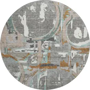 Photo of 8' Gray Copper And Ivory Geometric Washable Round Rug With UV Protection