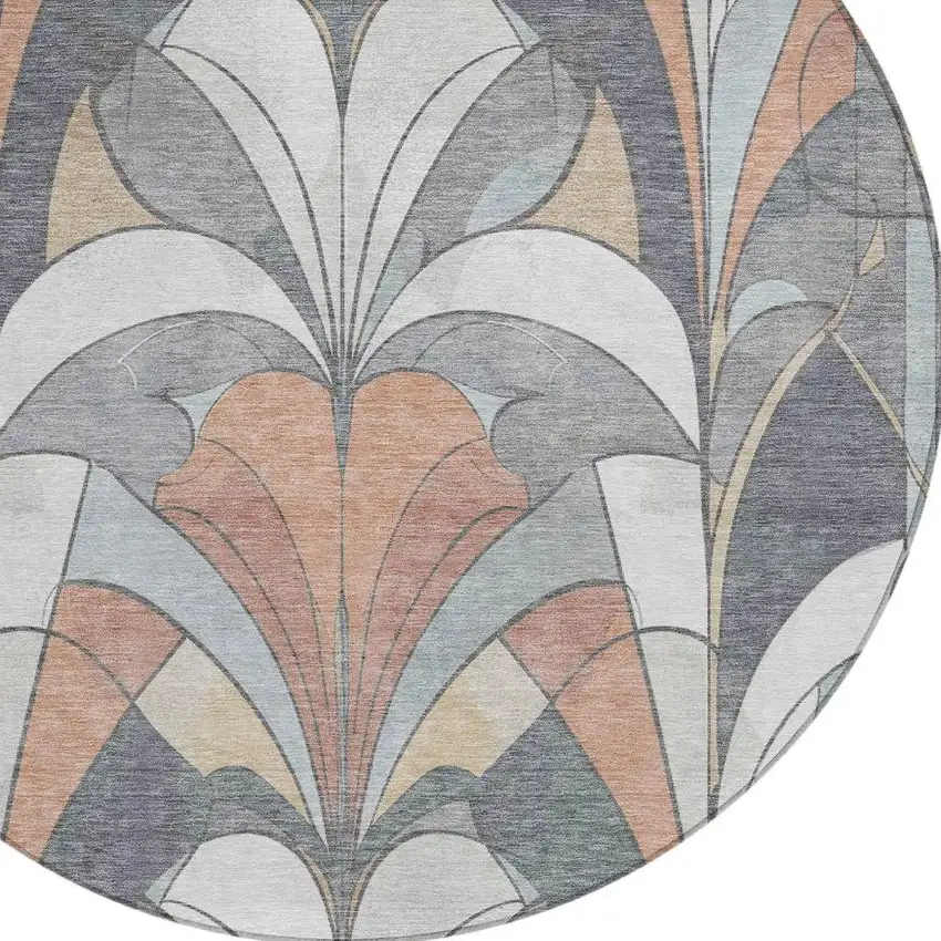 8' Gray Copper And Ivory Round Geometric Washable Indoor Outdoor Area Rug Photo 5